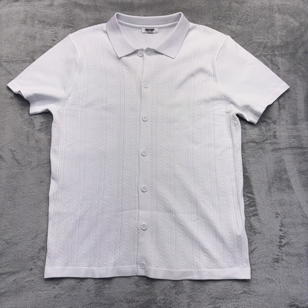 COOFANDY Shirt Men's L Striped Knit White Short Sleeve Casual Summer